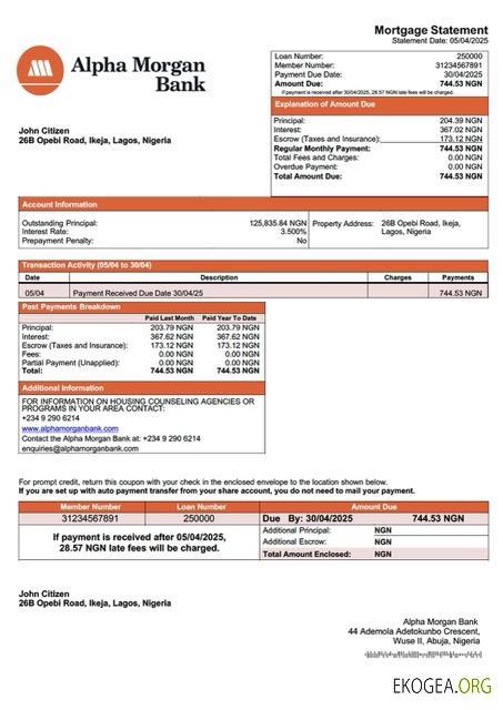 Modèle Word et PDF de relevé hypothécaire de la Banque Alpha Morgan du Nigéria